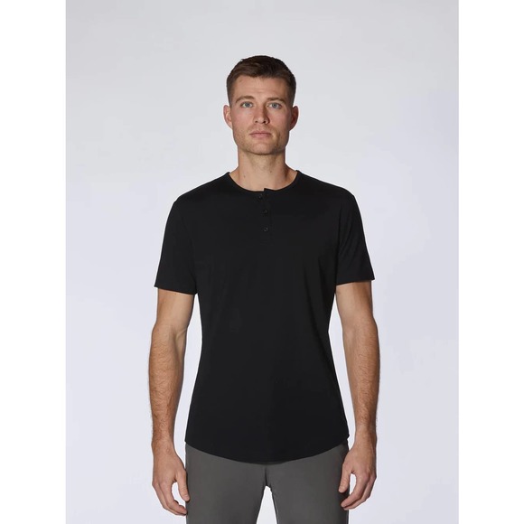 Cuts Clothing Men's Elongated Hem Henley 4 Way Stretch Tee T-Shirt - Black - Picture 4 of 7